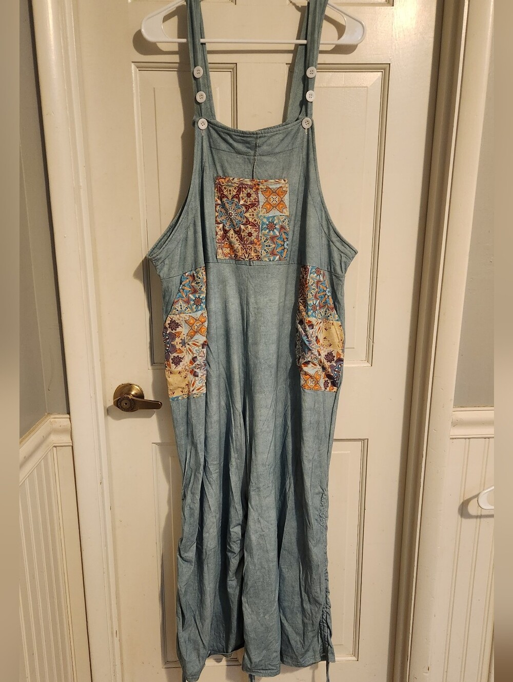 Yak & Yeti Blue Knit Patchwork Wide Leg Overalls, Size L/XL